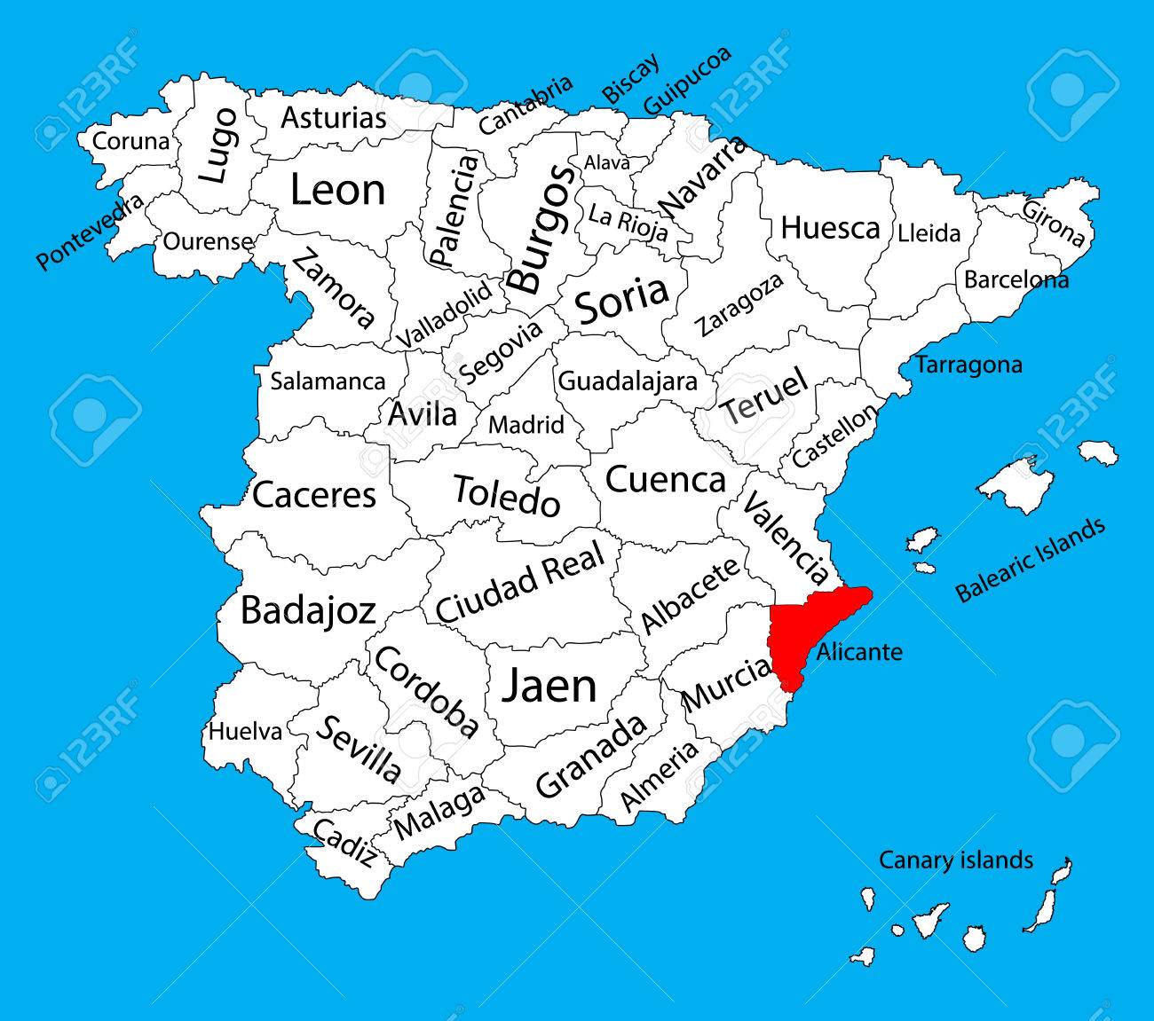 アリカンテ地図 スペイン州ベクトル地図です スペインの高詳細なベクトル マップの背景に分離した分離領域 スペインの自主性区域にマップします スペインのマップを編集可能なベクトル のイラスト素材 ベクタ Image