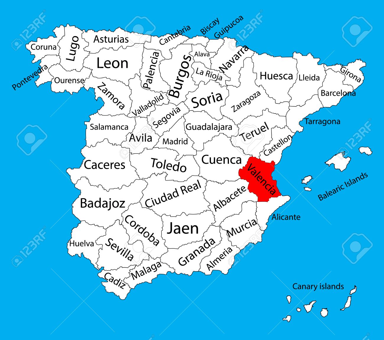 バレンシア地図 スペイン州ベクトル地図です スペインの高詳細なベクトル マップの背景に分離した分離領域 スペインの自主性区域にマップします スペインのマップを編集可能なベクトル のイラスト素材 ベクタ Image