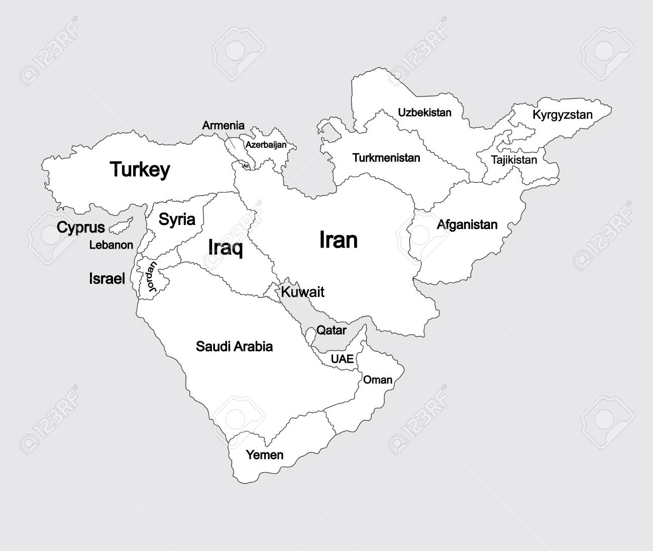 editable blank vector map of middle east, isolated on background