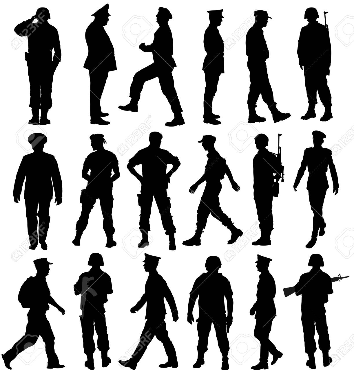 白い背景に隔離された異なる兵士ベクトルシルエットイラストの大規模なコレクション 軍兵士のシルエットベクトルを敬礼 記念館 退役軍人の日 軍隊 と軍事コンセプト のイラスト素材 ベクタ Image