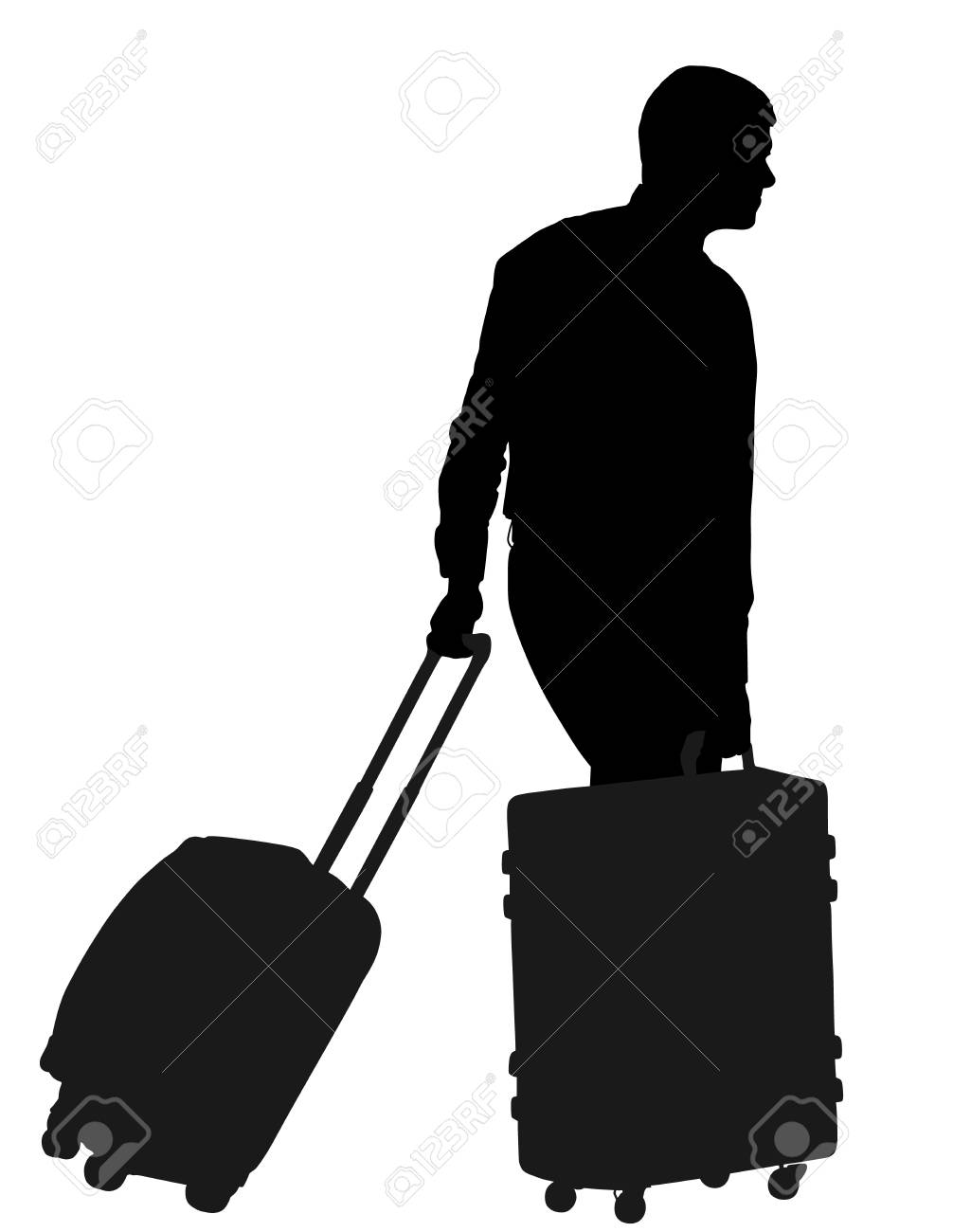 観光人の旅行者が絶縁転がりスーツケース ベクトル シルエット イラスト を運ぶします ビジネスの男性と多くのバッグ 男性乗客待っているタクシー 空港への旅行 ホテル ドアマンの少年を助けます のイラスト素材 ベクタ Image