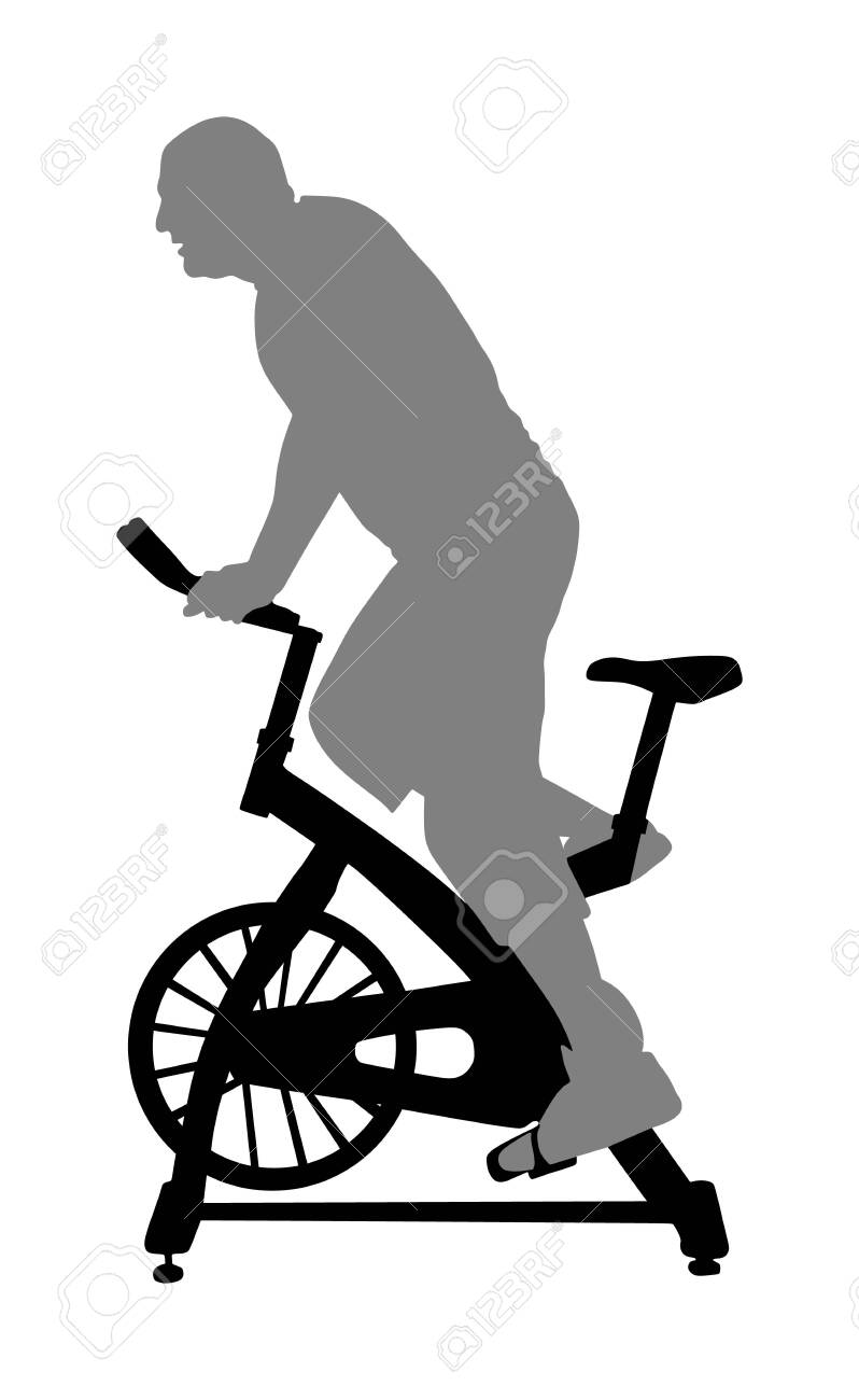 Que Músculos Se Ejercitan Con La Bicicleta El Hombre Se Ejercita En La Silueta Del Vector De La Bicicleta Estática.  Andar En Bicicleta En El Entrenamiento Cardiovascular Del Gimnasio. Las  Bicicletas De Ciclismo Indoor Se Están Agotando. Muchacho Del