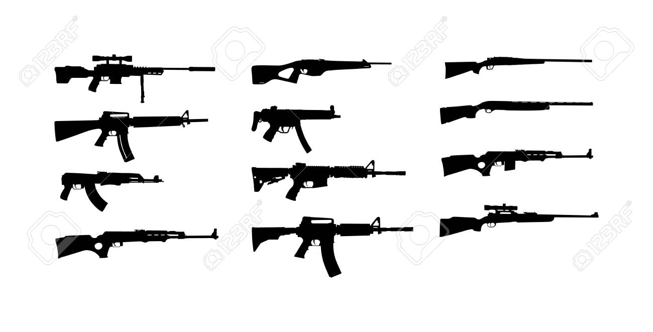 Collection of rifle vector silhouette illustration isolated on white background. Sniper rifle symbol silhouette, semi automatic, carbine. Army and police weapons. Shotgun and guns set. Powerful deadly - 129272702 Collection of rifle vector silhouette illustration isolated on white background. Sniper rifle symbol silhouette, semi automatic, carbine. Army and police weapons. Shotgun and guns set. Powerful deadly - 129272702