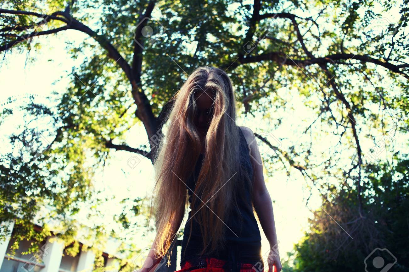 Face Hide By Hair Beautiful Smiling Girl Posing Over Green Summer ...