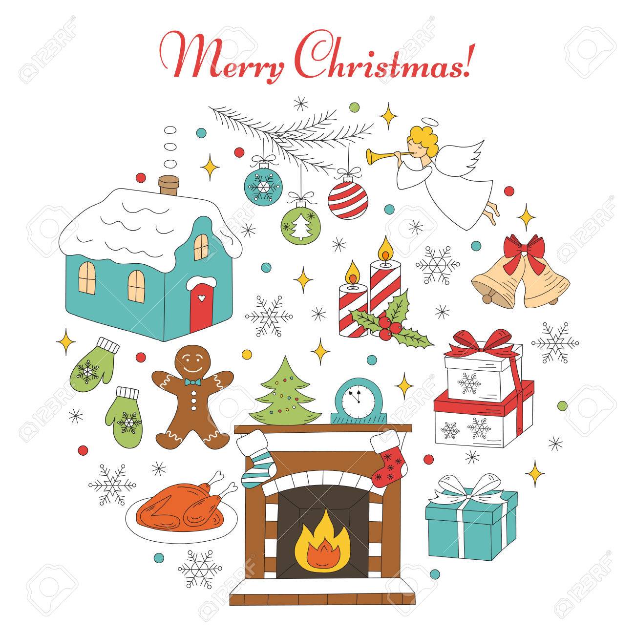 Conjunto De Iconos De Vacaciones De Navidad Y Ano Nuevo Ilustraciones Vectoriales Dibujado A Mano Chimenea De Navidad Rama De Abeto Casa De Pueblo Angel Campanas Velas Pan De Jengibre Y Caja