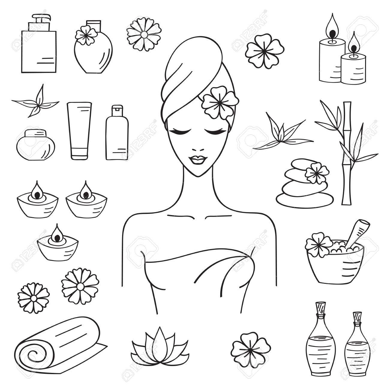 美しい女性スパでのトリートメント 美容の手順 療法 マッサージ フィットネス スパ手描き落書きアイコン ハーブ化粧品 アロマキャンドル 石 竹 タオルのベクトル イラスト のイラスト素材 ベクタ Image