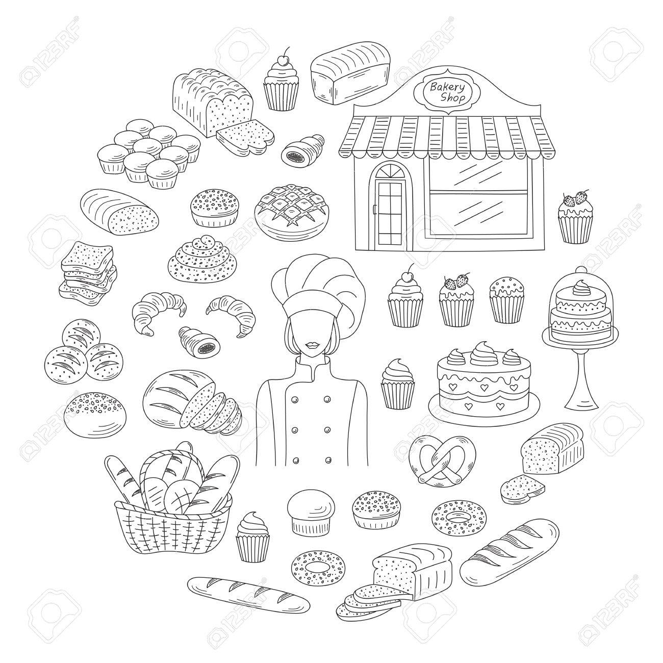 責任者の制服の女性ベイカーとベーカリー コレクション パン屋さん 焼きたてのパンと共に様々 な種類のパンやケーキの 手描き落書きスタイル ベクトルの イラストが白で隔離 のイラスト素材 ベクタ Image