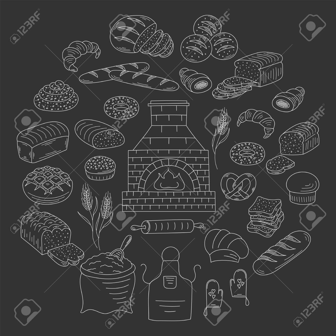 様々 な種類のパン クロワッサン フランスパン プレッツェル パン 菓子のコレクション ロールパン ベーグル 古いれんが造りのオーブン 小麦粉 小麦 黒に分離された手描き落書きベクトル イラストのイラスト素材 ベクタ Image 6956