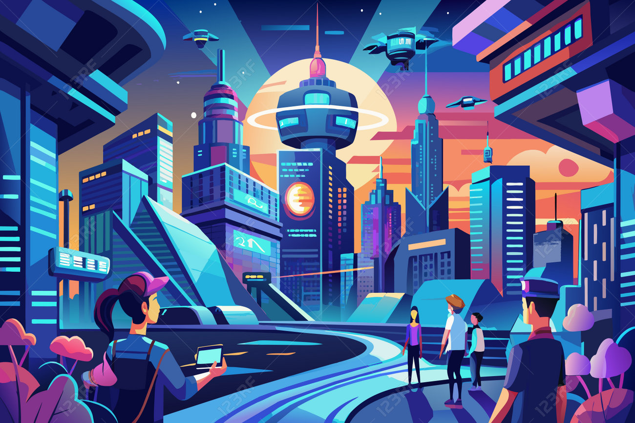 人々が歩き回ったり、空飛ぶ乗り物のシーンがある近未来的な街並みは