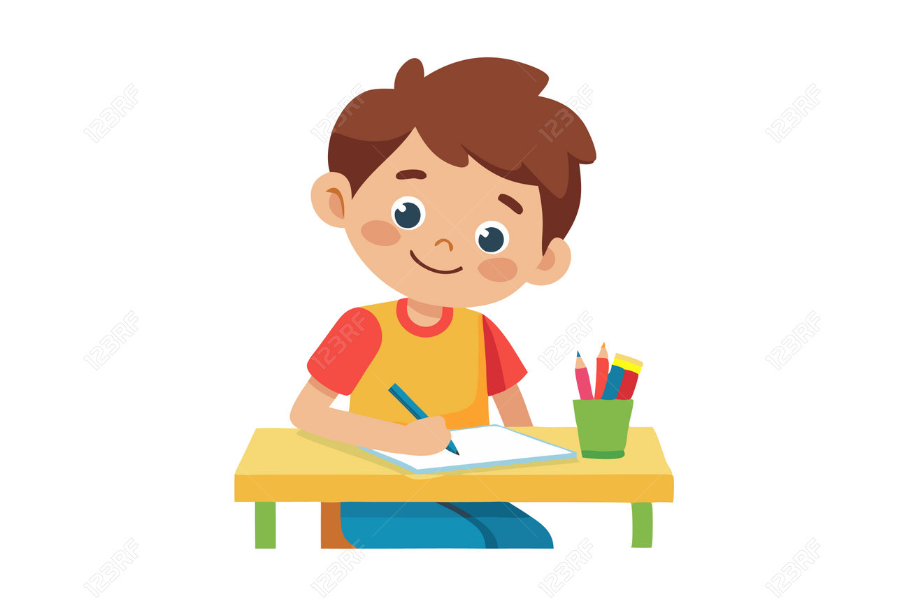 Niño Dibujando Y Coloreando En Un Escritorio Ilustraciones svg, vectoriales, clip art vectorizado libre de derechos. Image 231346729