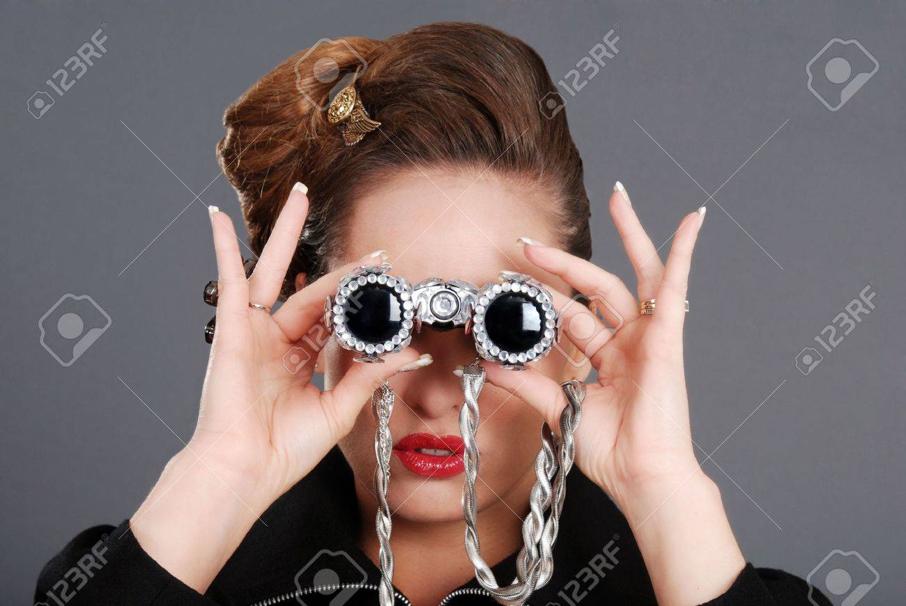 Woman Using Fancy Binoculars Stock 