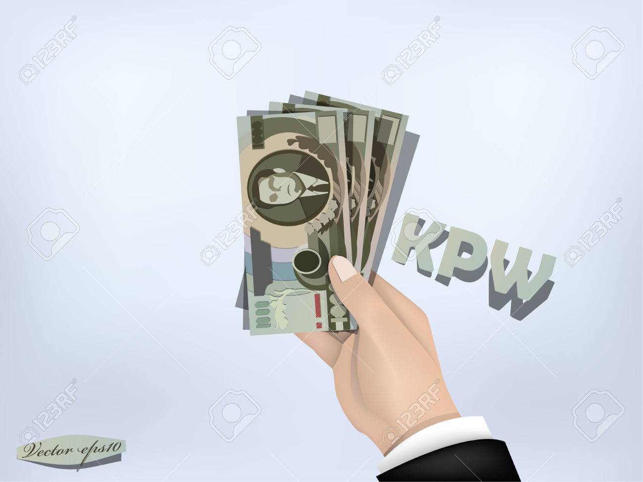 北朝鮮ウォンとお金紙の手に 手持ちの現金のイラスト素材 ベクタ Image