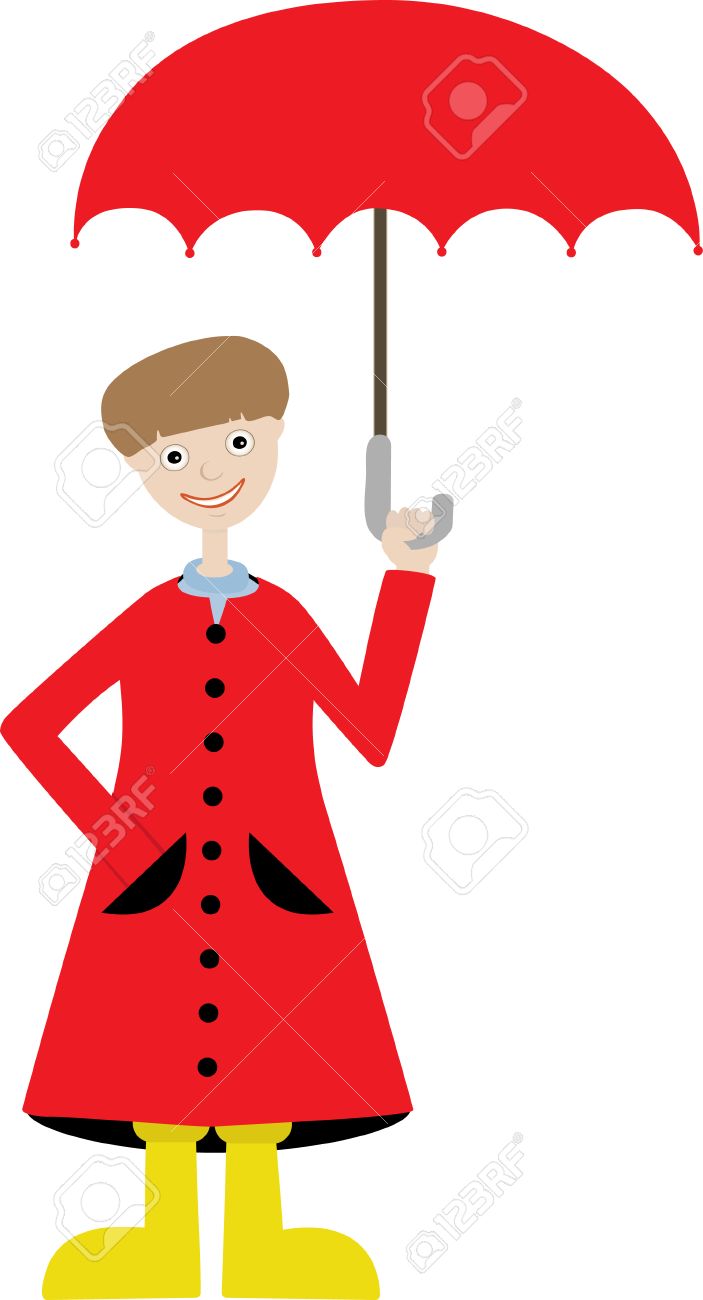 一致する赤いレインコートを着ている傘を持つ男の子のイラスト素材 ベクタ Image