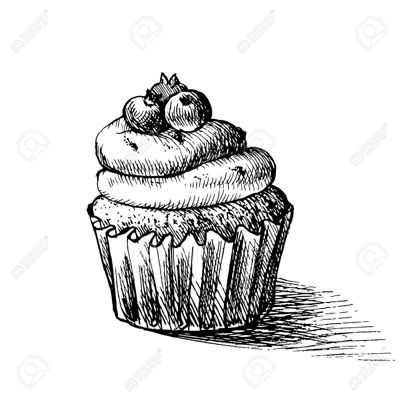 Vector black and white sketch illustration of cute creamy sweet cupcake can be used for