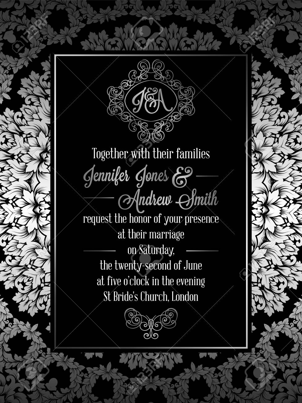 Vintage Baroque Style Wedding Invitation Card Template.. Elegant Formal  Design With Damask Background, Traditional Decoration For Wedding , Silver  Decoration On Black Background. Royalty Free SVG, Cliparts, Vectors, and  Stock Illustration. Image 81581949., image size:975x1300