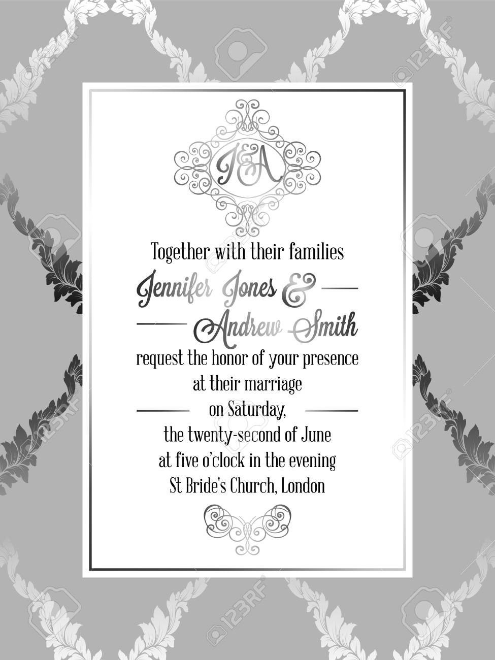 Vintage Baroque Style Wedding Invitation Card Template.. Elegant Formal  Design With Damask Background, Traditional Decoration For Wedding , Silver  Decoration On Gray Background. Royalty Free SVG, Cliparts, Vectors, and  Stock Illustration. Image 81560352., image size:975x1300