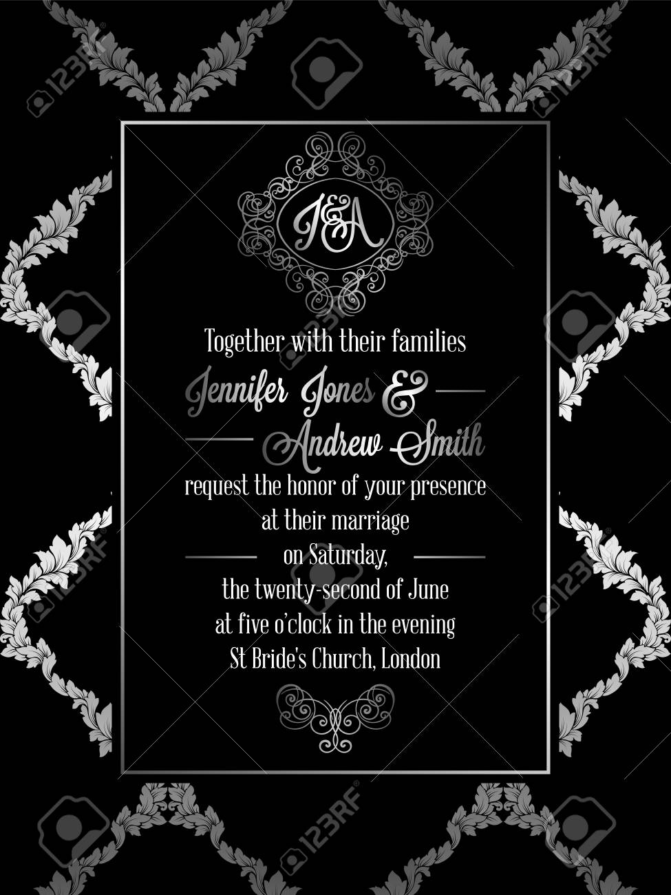 Vintage Baroque Style Wedding Invitation Card Template.. Elegant Formal  Design With Damask Background, Traditional Decoration For Wedding , Silver  Decoration On Black Background. Royalty Free SVG, Cliparts, Vectors, and  Stock Illustration. Image 81635819., image size:975x1300