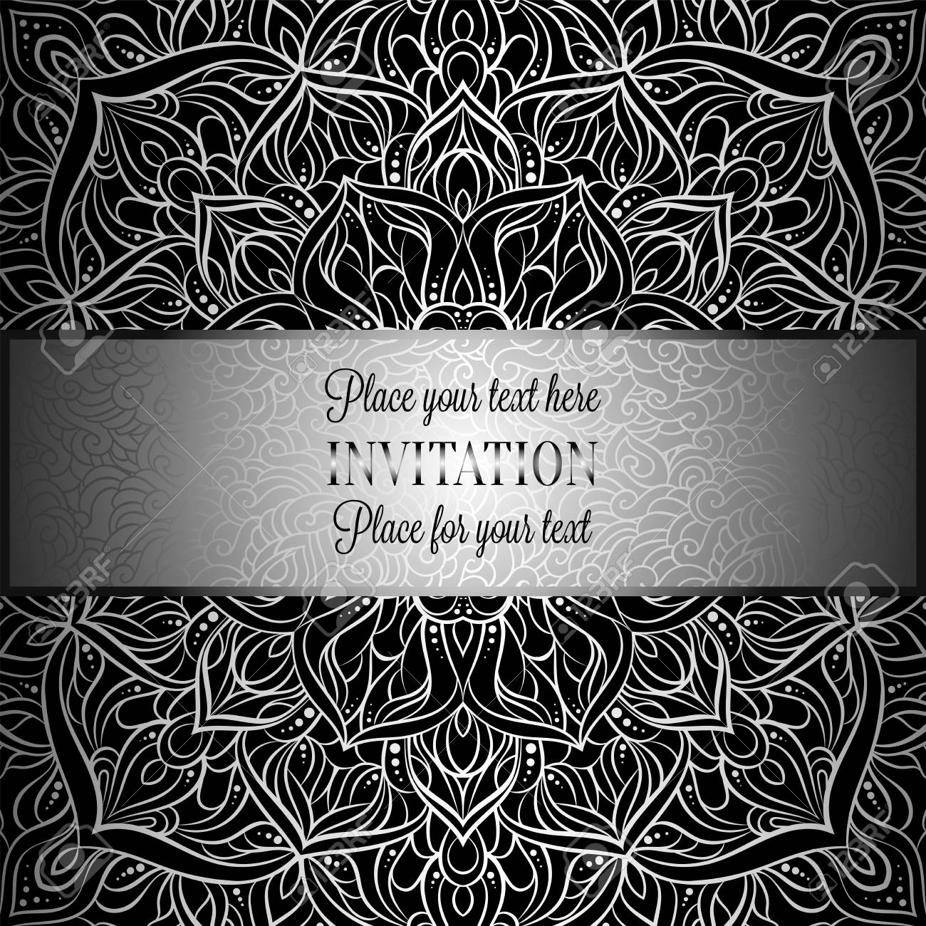 アンティーク 豪華な黒と金属銀のビンテージ フレーム ビクトリア朝のバナーとバロックの背景はダマスク複雑な壁紙の装飾 招待状 バロック様式の小冊子 レース装飾 繊維です のイラスト素材 ベクタ Image