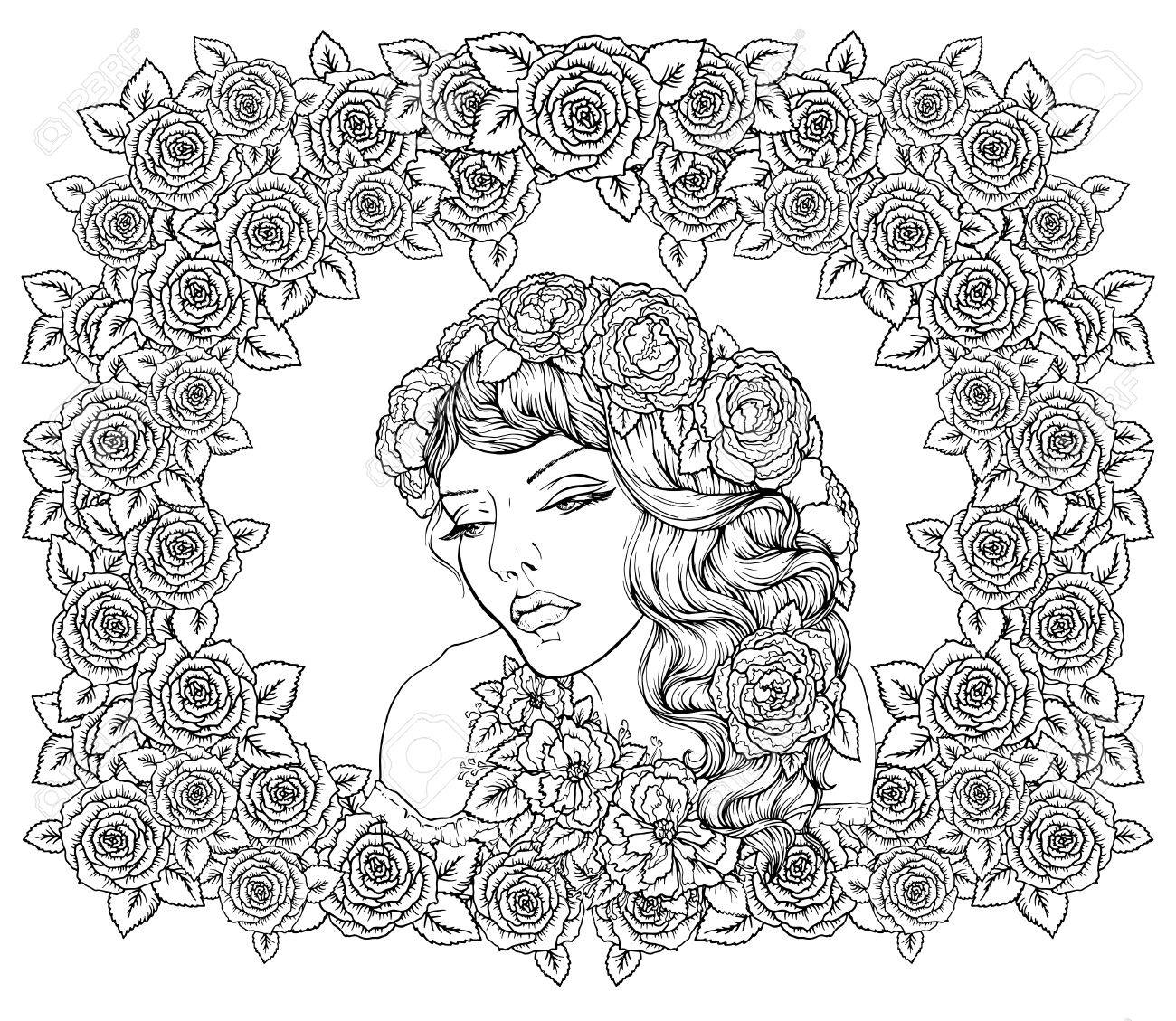 花の背景に花の花輪を持つかなりエレガントなボヘミアンの女の子 手描きの素晴らしい花のボヘミアの塗り絵を白に孤立した大人のためのページのイラスト素材 ベクタ Image 86999656