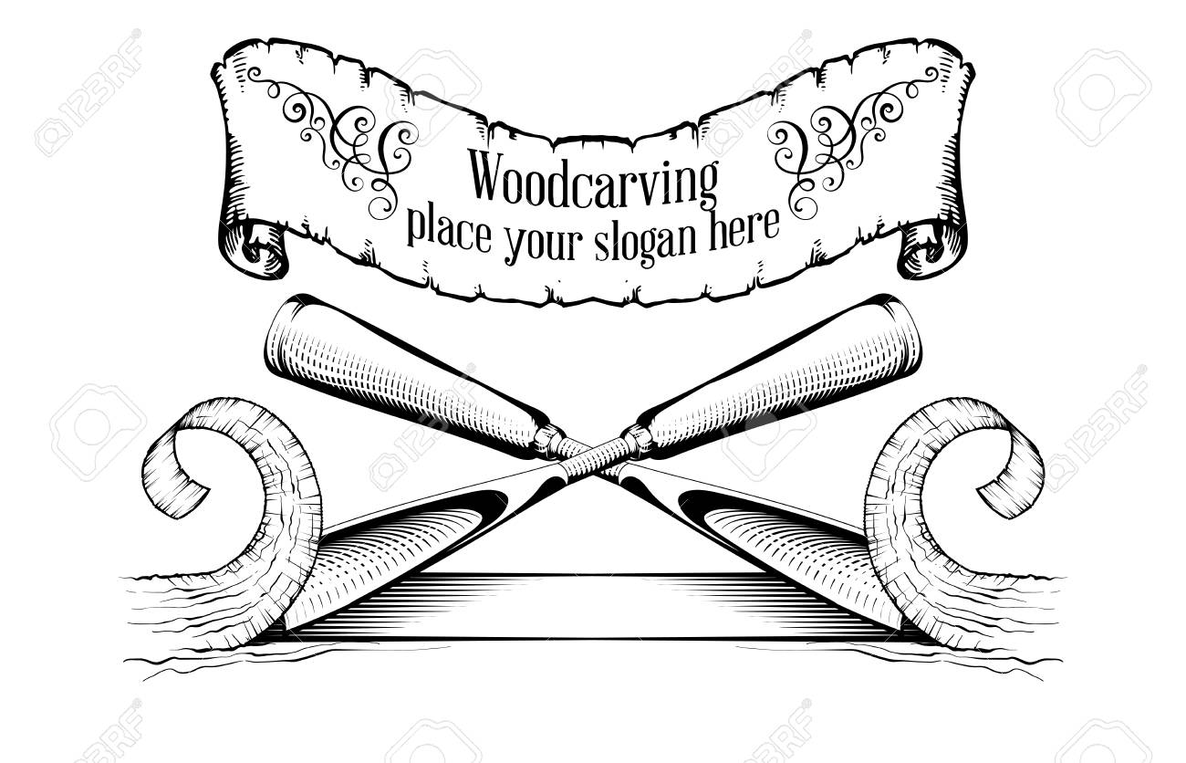 Woodcarving Logotype Illustration With A Chisel, Cutting A Wood Slice,  Vintage Style Logo, Black And White Isolated Engraving. Royalty Free SVG,  Cliparts, Vectors, and Stock Illustration. Image 118007997., image size:1300x836