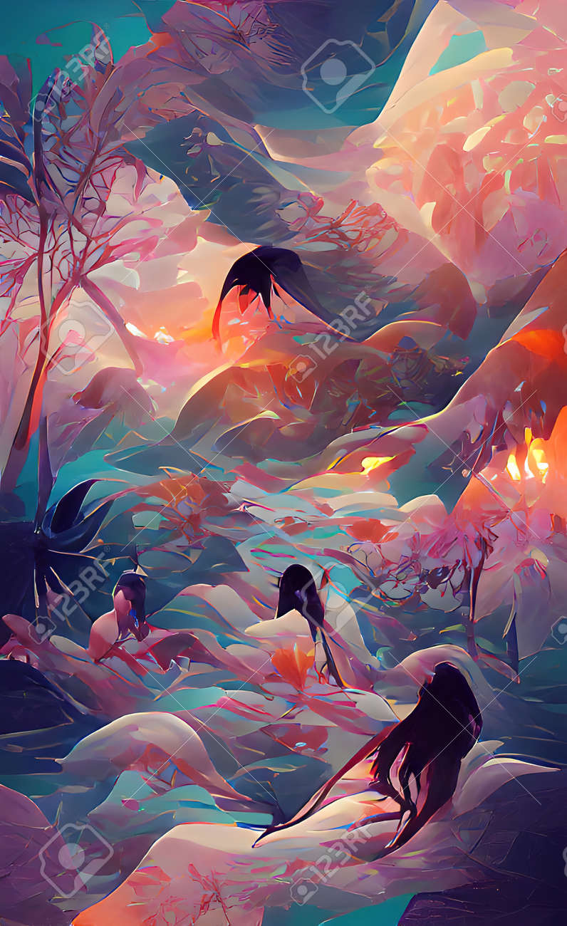 幻想的な海景。海の波、海の上の石。ネオンサンセット。海岸の