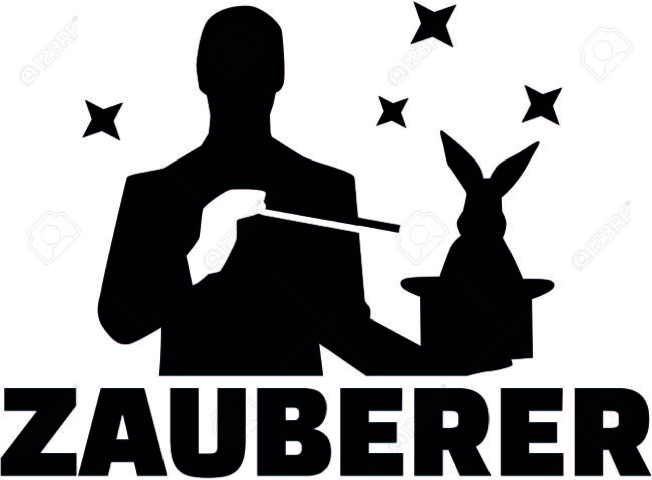 バニーと杖とドイツの肩書きで魔法のトリックをやっているマジシャンのシルエット のイラスト素材 ベクタ Image