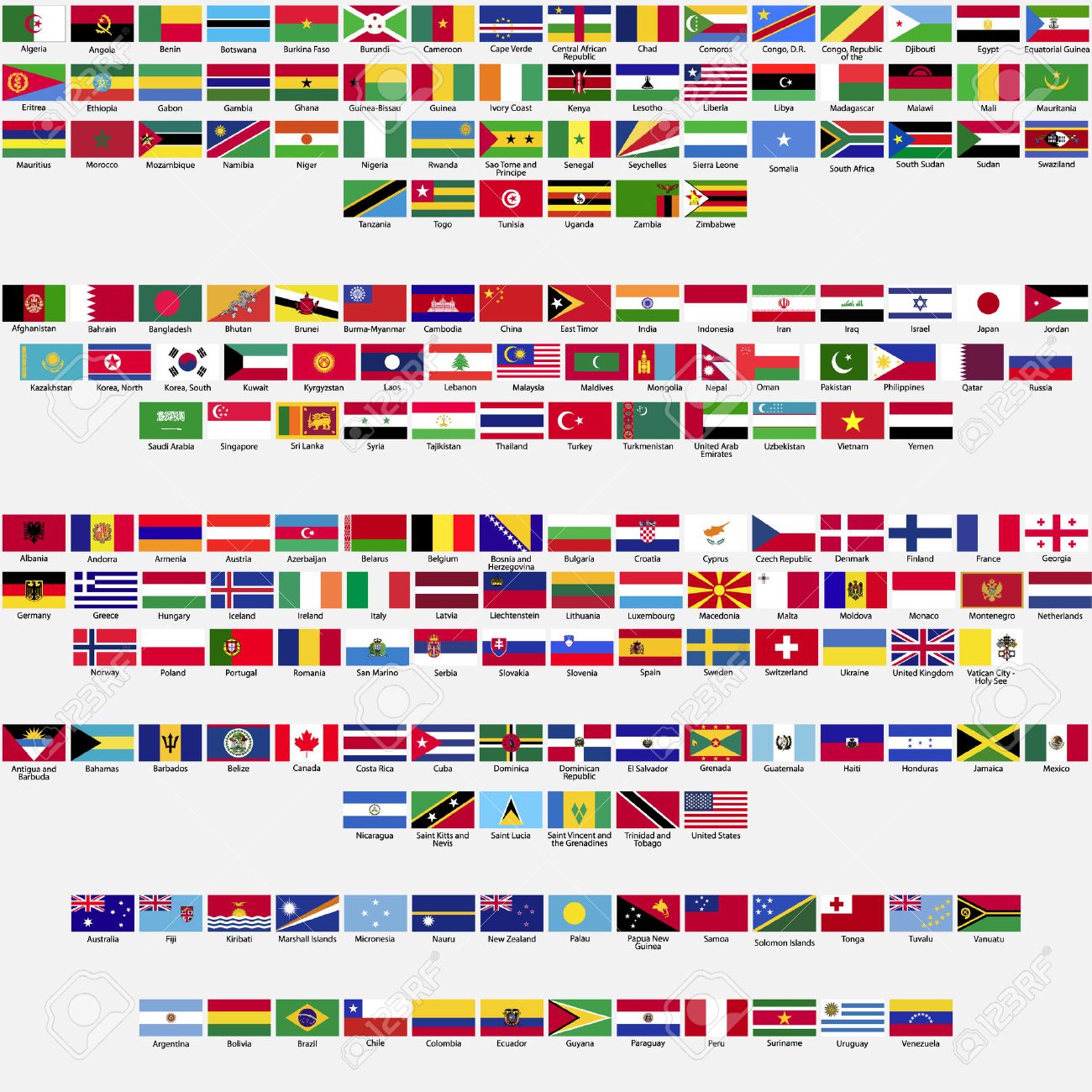 Banderas Del Mundo Todos Los Estados Soberanos Reconocidos Por Las Naciones Unidas Coleccion Ordenados Alfabeticamente Por Continentes Ilustraciones Vectoriales Clip Art Vectorizado Libre De Derechos Image 25332406