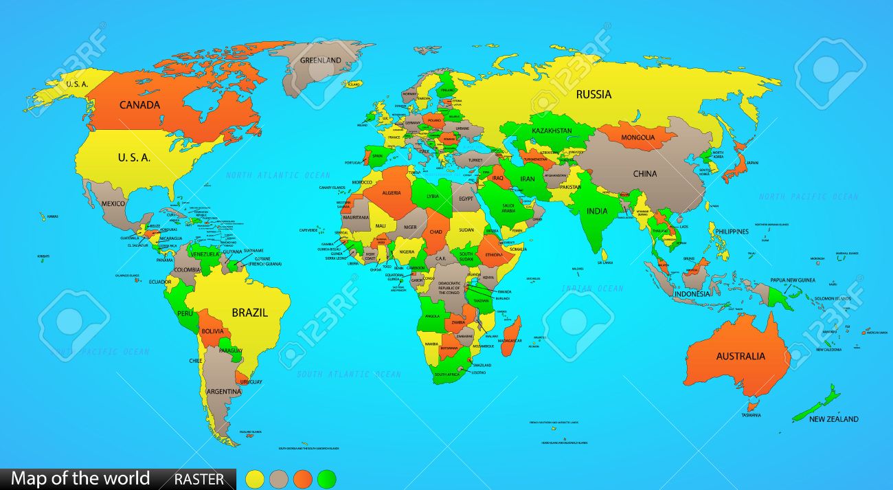 World Map With States Labeled Politische Weltkarte Auf Blauem Hintergrund Ozean Mit Jedem Staat  Bezeichnet Und Wählbar Auf Einer Off Sichtbarkeit Und Farbe Von Jedem Land  Mit Einem Klick In Ebenenbedienfeld Auch Vielseitig Datei Wiederum Markiert  Lizenzfrei