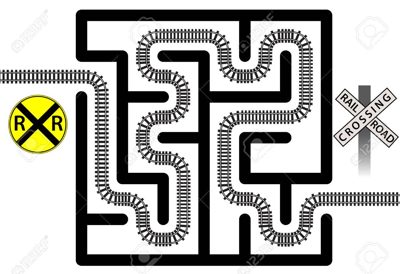 鉄道トラックの風 Thuough パズルを解く 交通安全のために含まれている兆候を渡る迷路 のイラスト素材 ベクタ Image