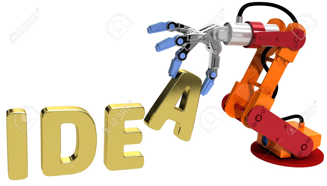 robot arm holding letter in idea word for automation technology idea word