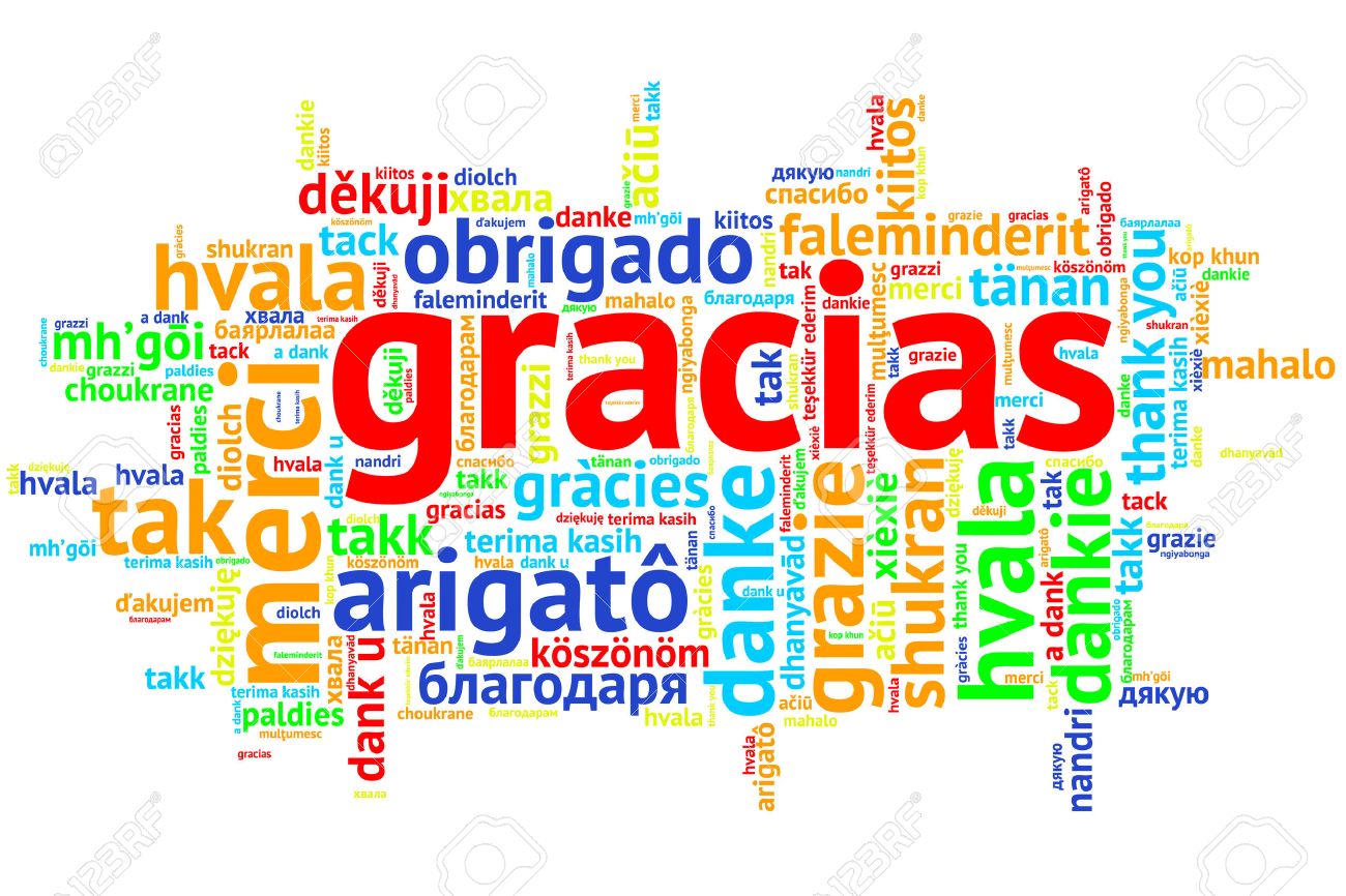focus on spanish gracias word cloud in open form on white stock