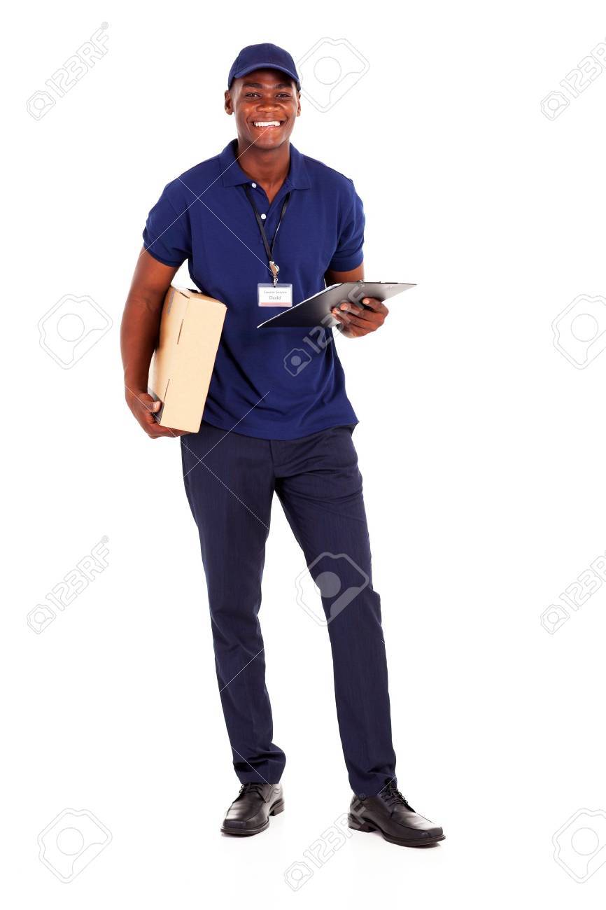 african american delivery guy with parcel and clipboard on white delivery person