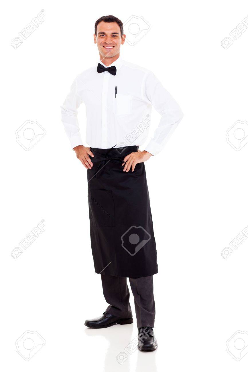 happy restaurant waiter full length portrait on white stock photo
