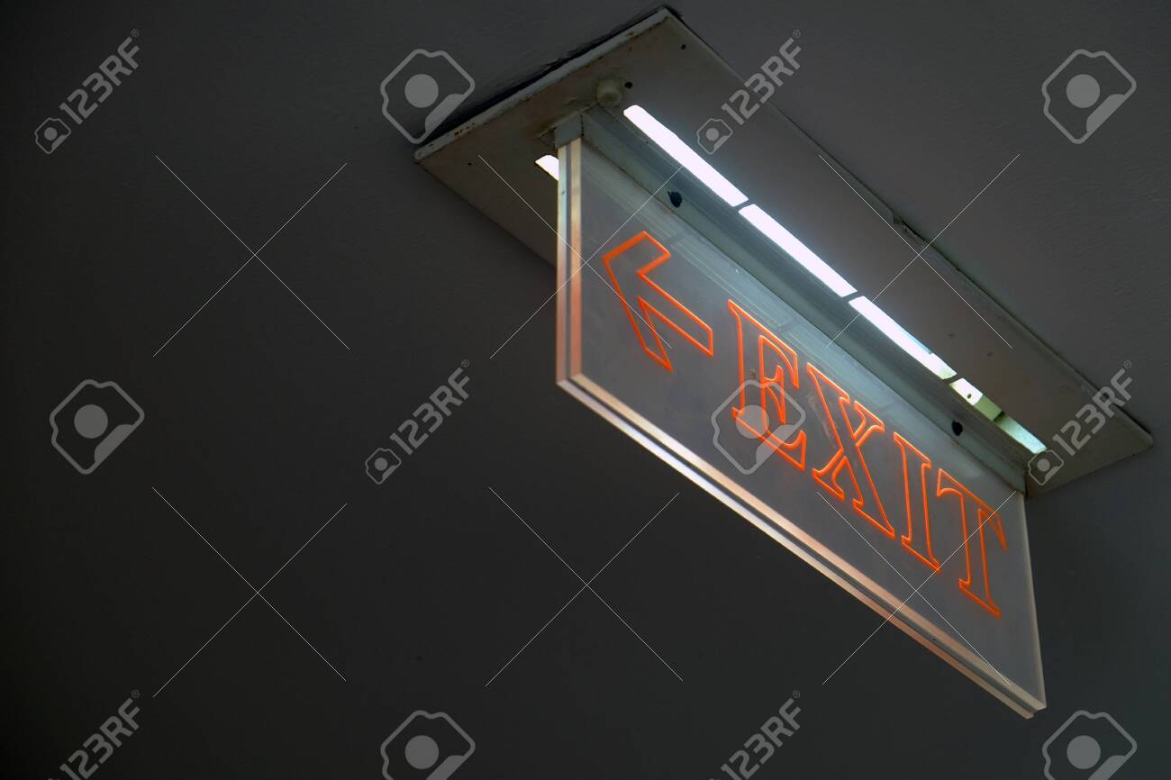Perspective View Of Orange Emergency Fire Exit Sign Hanging On