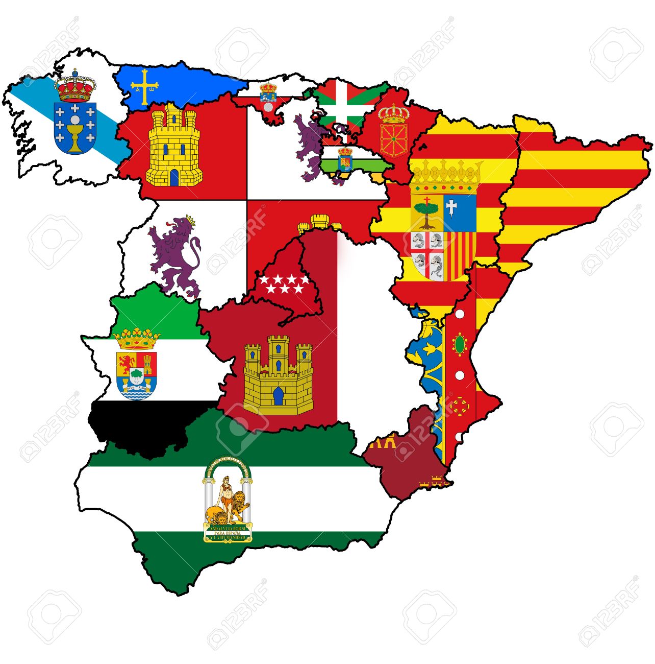 Carte Administration Des Regions De L Espagne Avec Des Drapeaux Et Des Emblemes Banque D Images Et Photos Libres De Droits Image