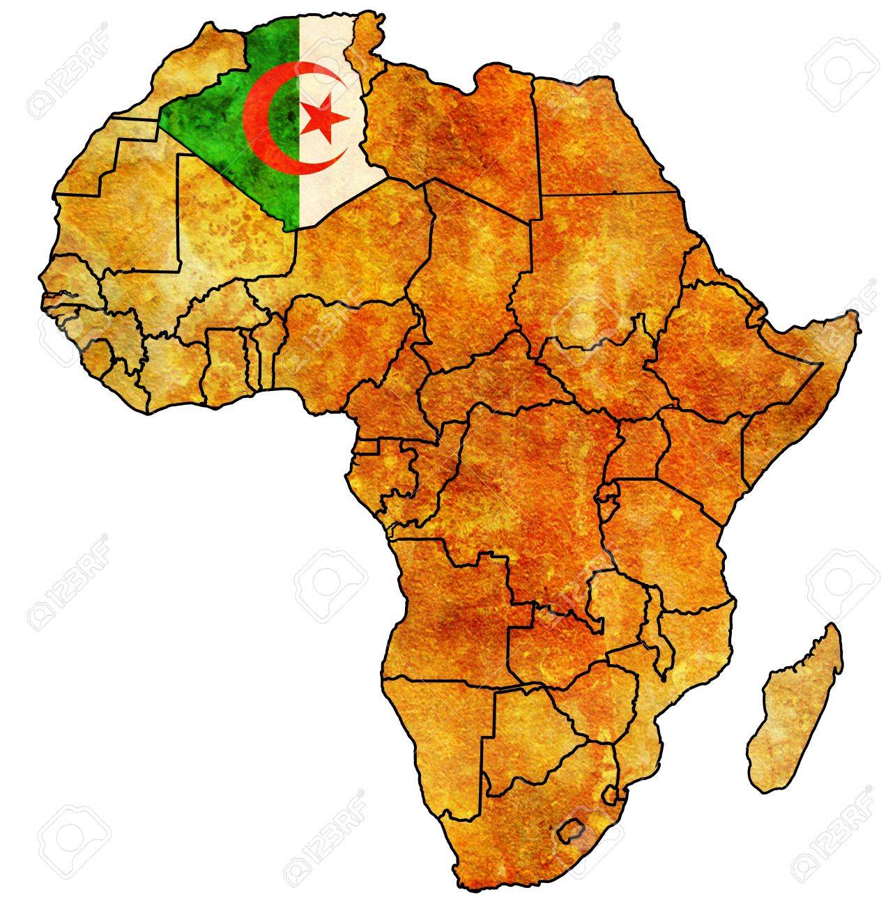 アフリカの旗でビンテージ政治地図は実際のアルジェリア の写真素材 画像素材 Image