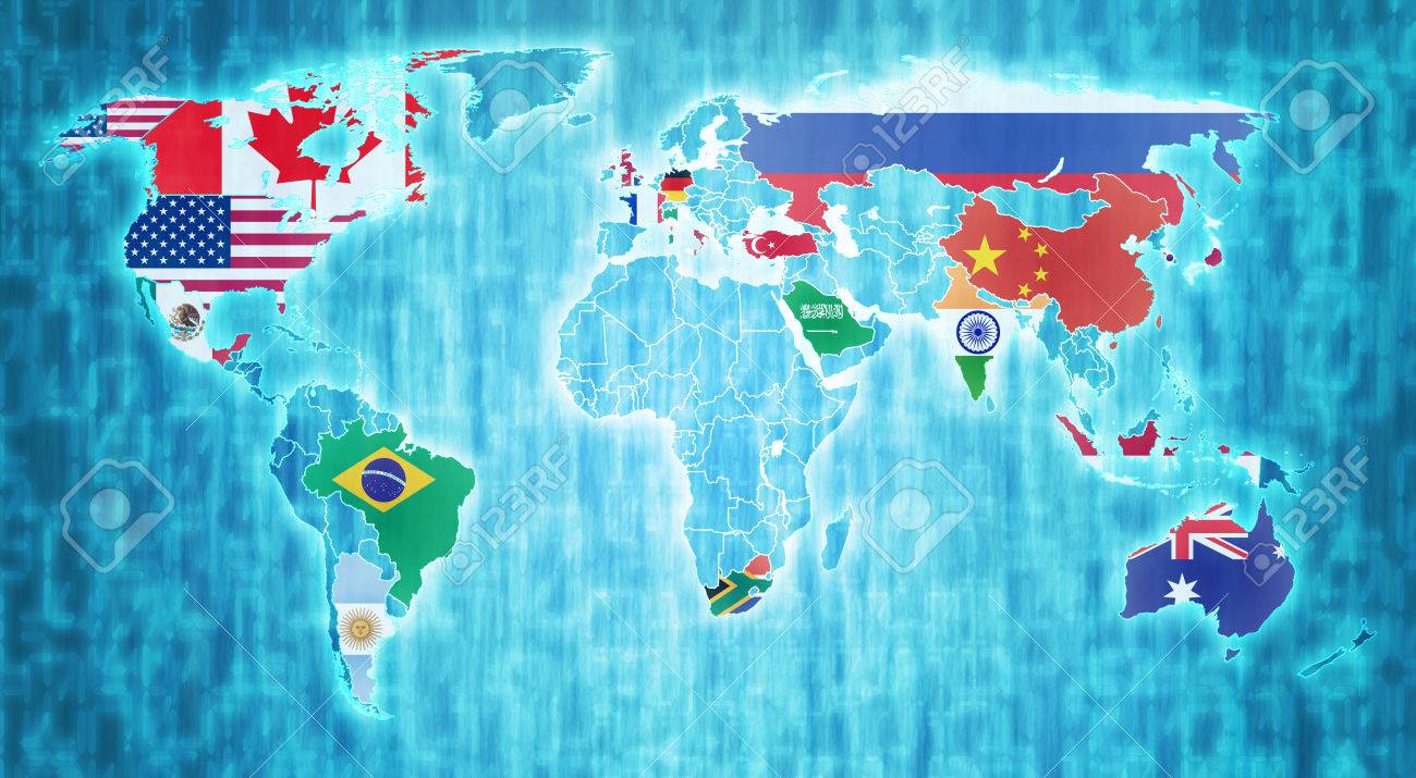 実際国境と青いデジタル世界地図上 の国の旗のグループ の写真素材 画像素材 Image