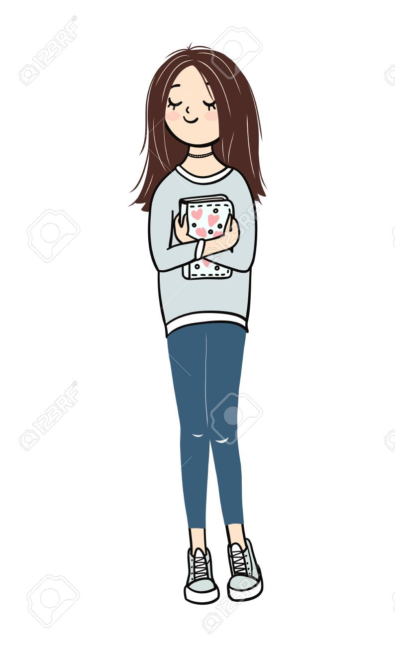 Teen Girl Is Holding Her Diary Young Brown Haired Girl Wearing A Sweatshirt Jeans And Sneakers Vector Isolated Illustration Royalty Free Cliparts Vectors And Stock Illustration Image