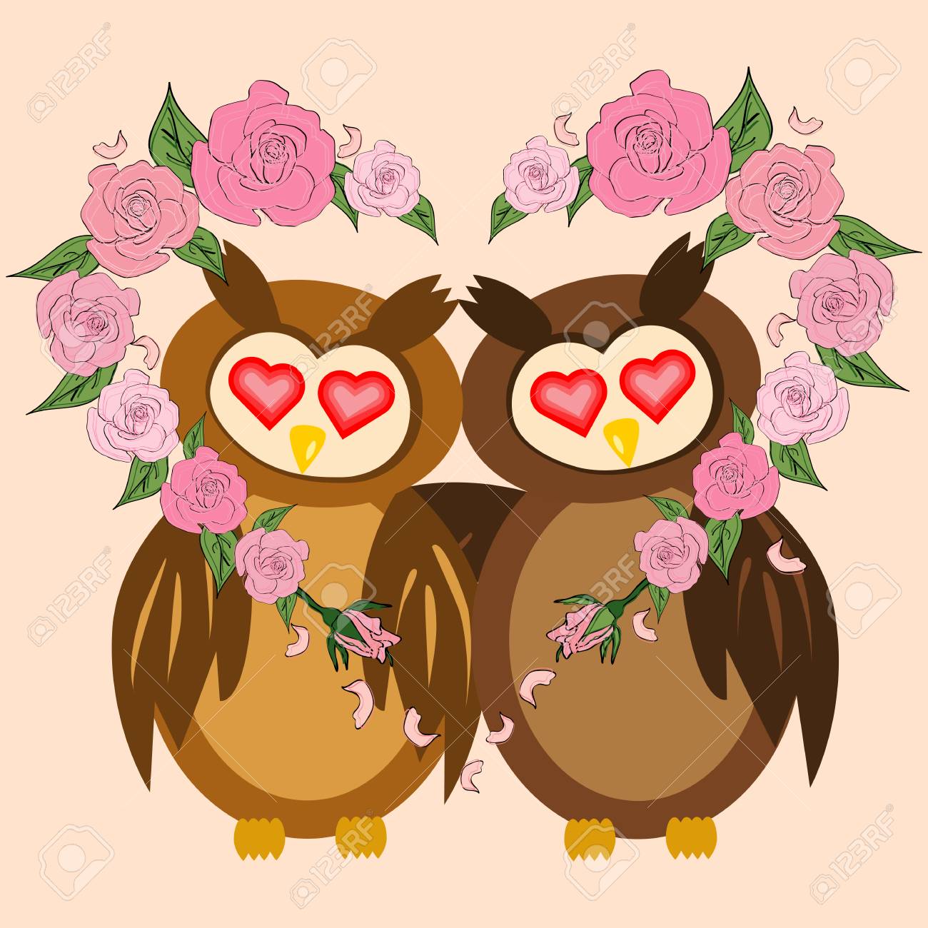 ハートの形をしたバラの花輪のフクロウの翼を採用 2 人の恋人 心の目のイラスト素材 ベクタ Image ハートの形をしたバラの花輪のフクロウの翼を採用 2 人の恋人 心の目のイラスト素材 ベクタ Image