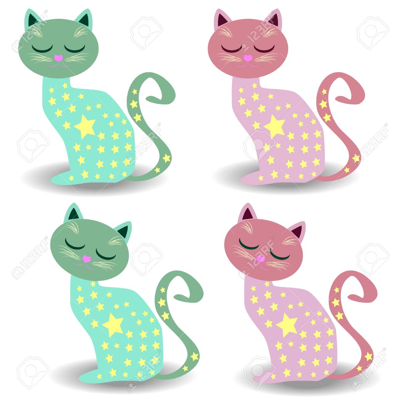 目を閉じて星とパステル カラーのかわいい 4 匹の猫のセットです 別の漫画の猫を設定します シンプル モダンな幾何学的なフラット スタイルのベクトル図です のイラスト素材 ベクタ Image