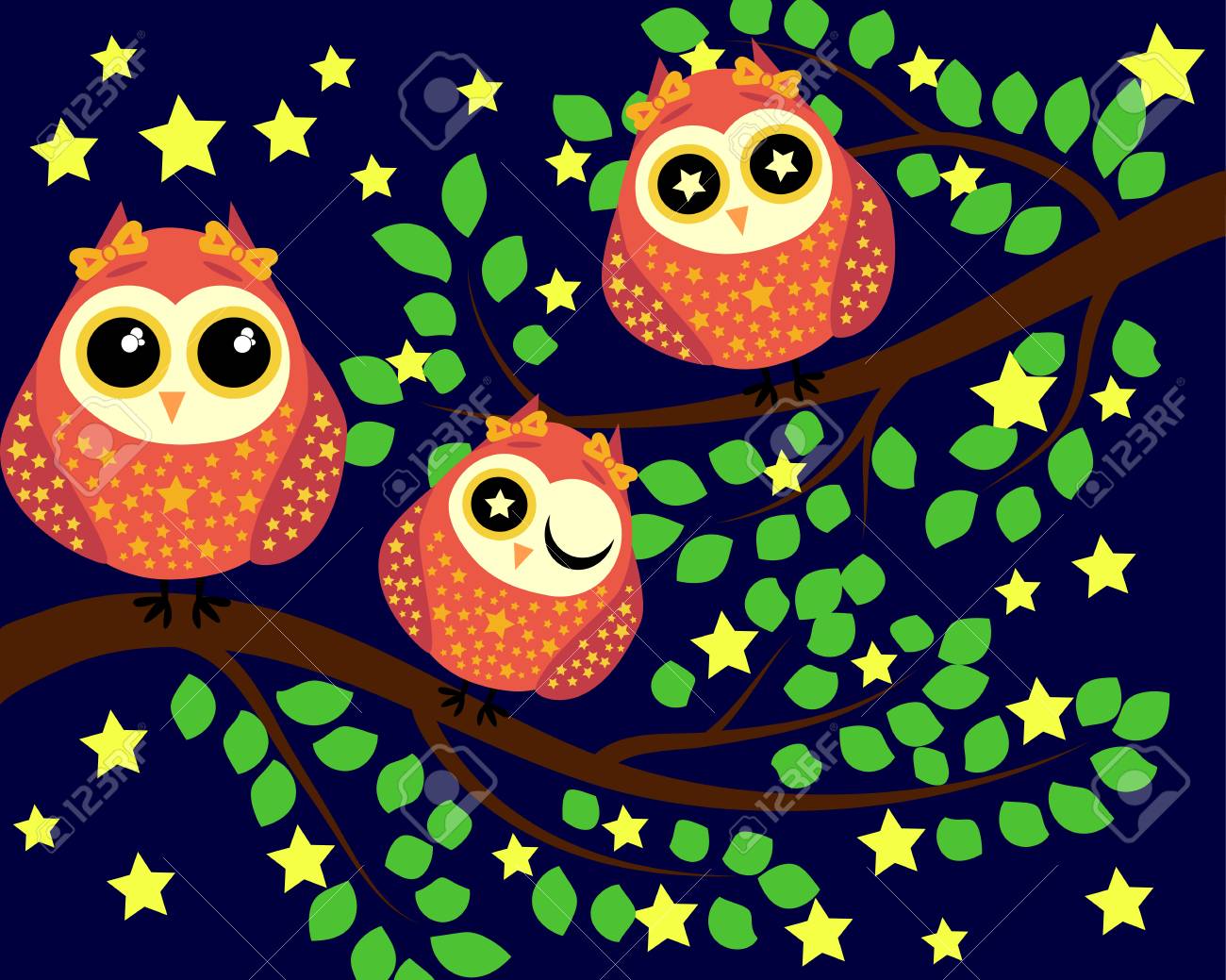 Vettoriale I Gufi Brillanti Del Fumetto Sveglio Stanno Seduti Sui Rami Di Alberi Di Alberi Fantastici Alla Notte Tra Le Stelle Image 6148