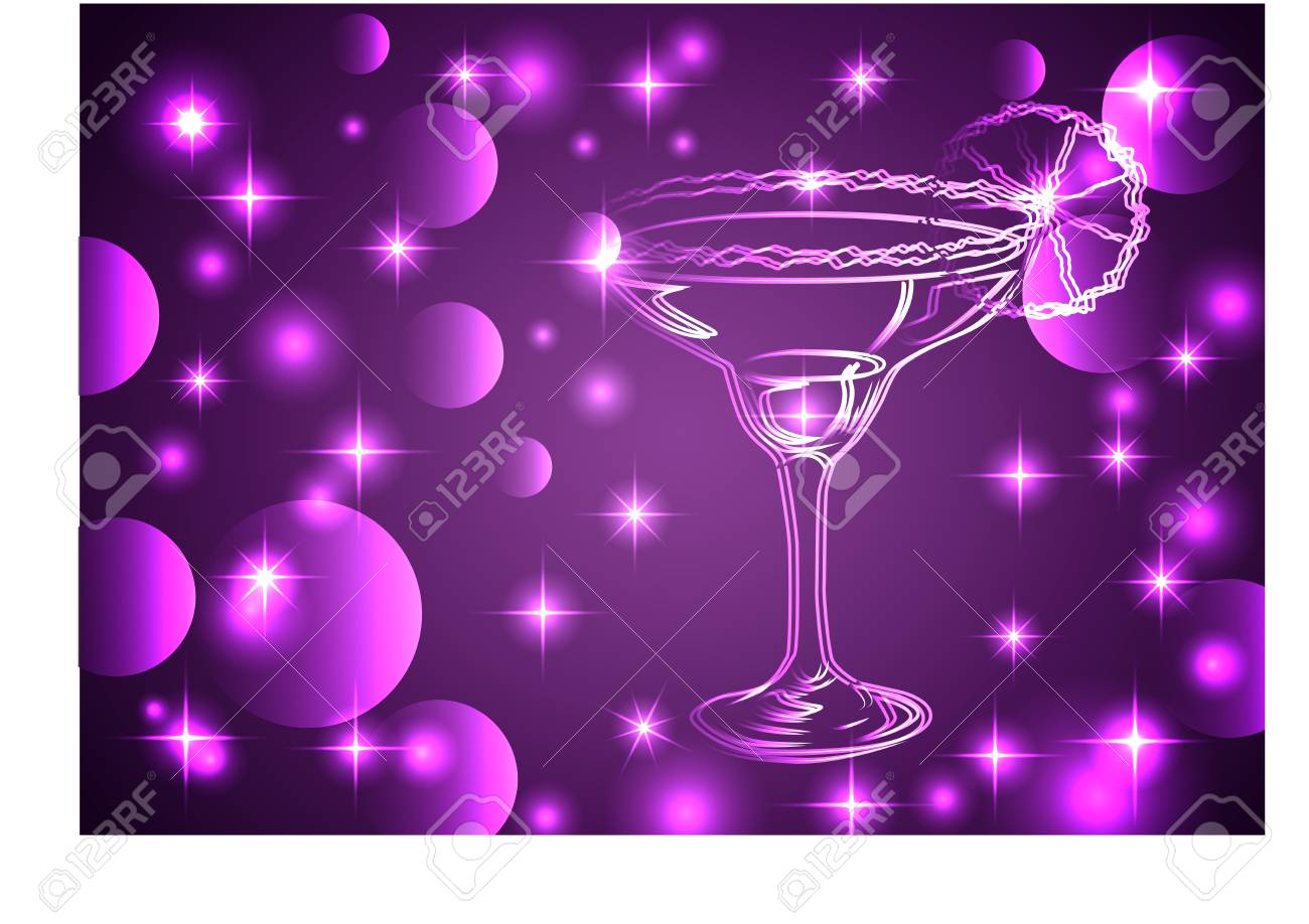 Goldener Entwurf Der Glaser Mit Einem Cocktail Auf Einem Rosa Hintergrund Mit Sternen Und Lichtern Disco Club Neongluhen Lizenzfrei Nutzbare Vektorgrafiken Clip Arts Illustrationen Image 91004032
