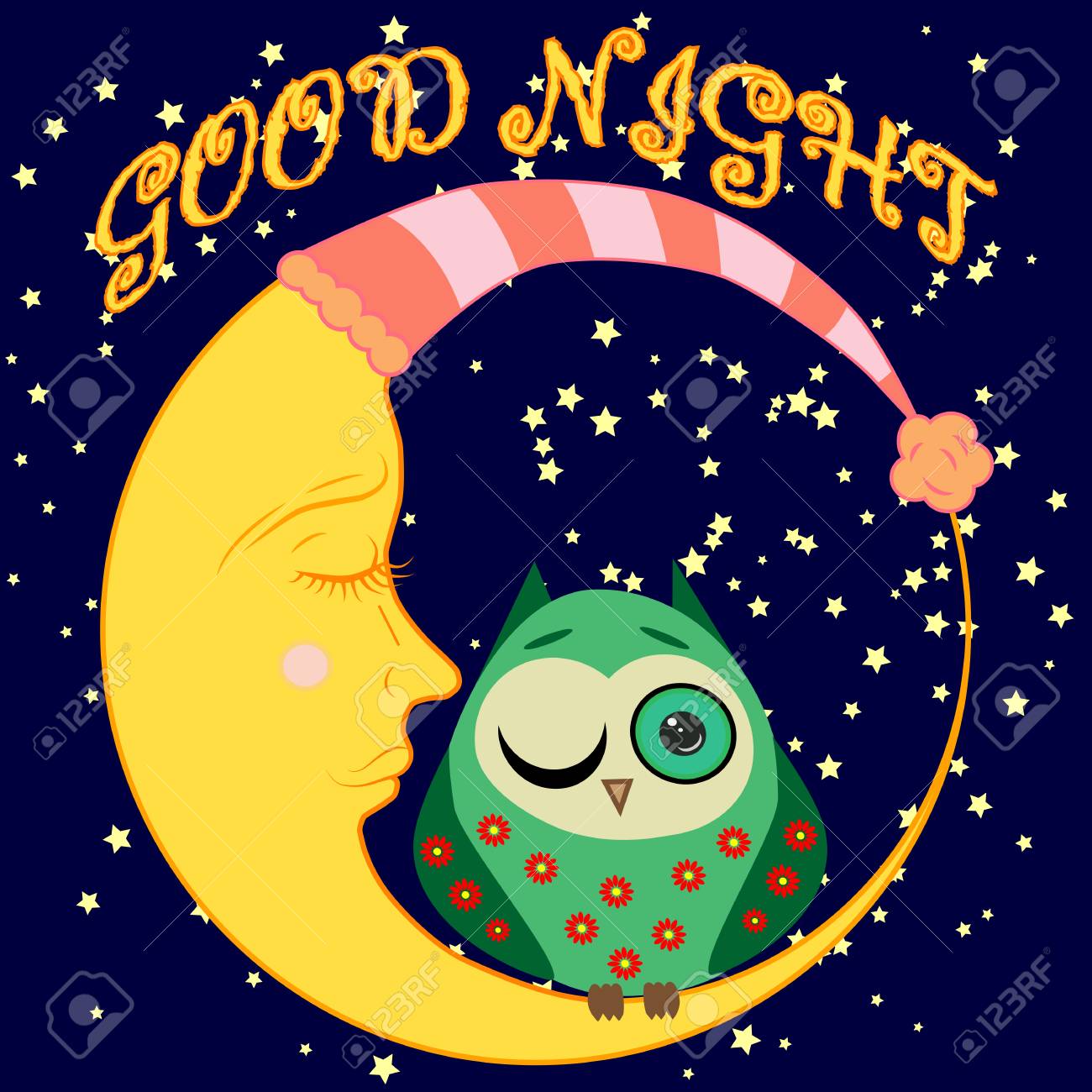 Bonne Nuit Carte Postale Avec Un Croissant Dormant Un Hibou Et Un Texte Mignons De Bande Dessinee Clip Art Libres De Droits Vecteurs Et Illustration Image