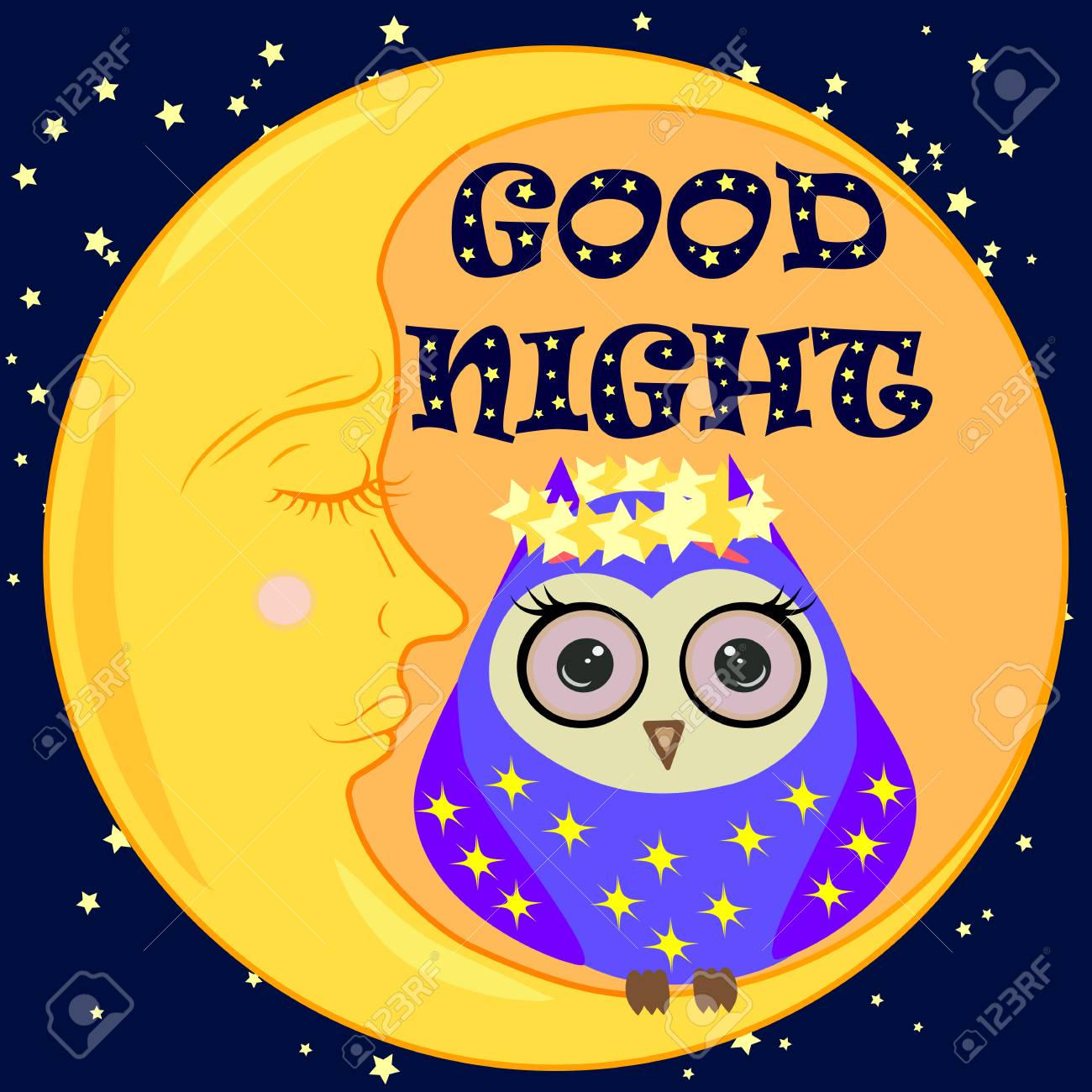 Bonne Nuit Carte Postale Avec Un Croissant Dormant Un Hibou Et Un Texte Mignons De Bande Dessinee Clip Art Libres De Droits Vecteurs Et Illustration Image