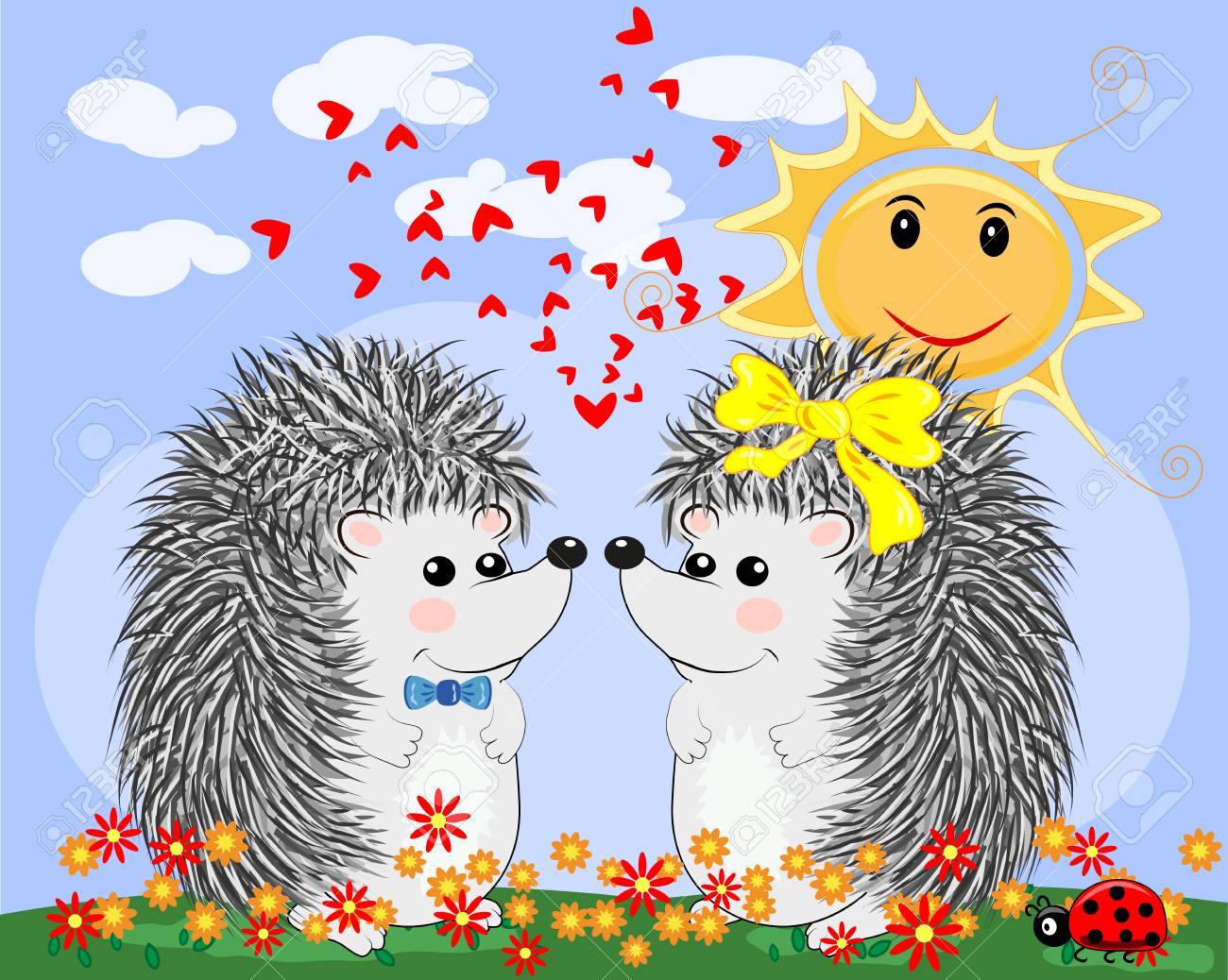 2人の恋人かわいい漫画のハリネズミ 春 夏の日に男の子と女の子とてんと虫のイラスト素材 ベクタ Image