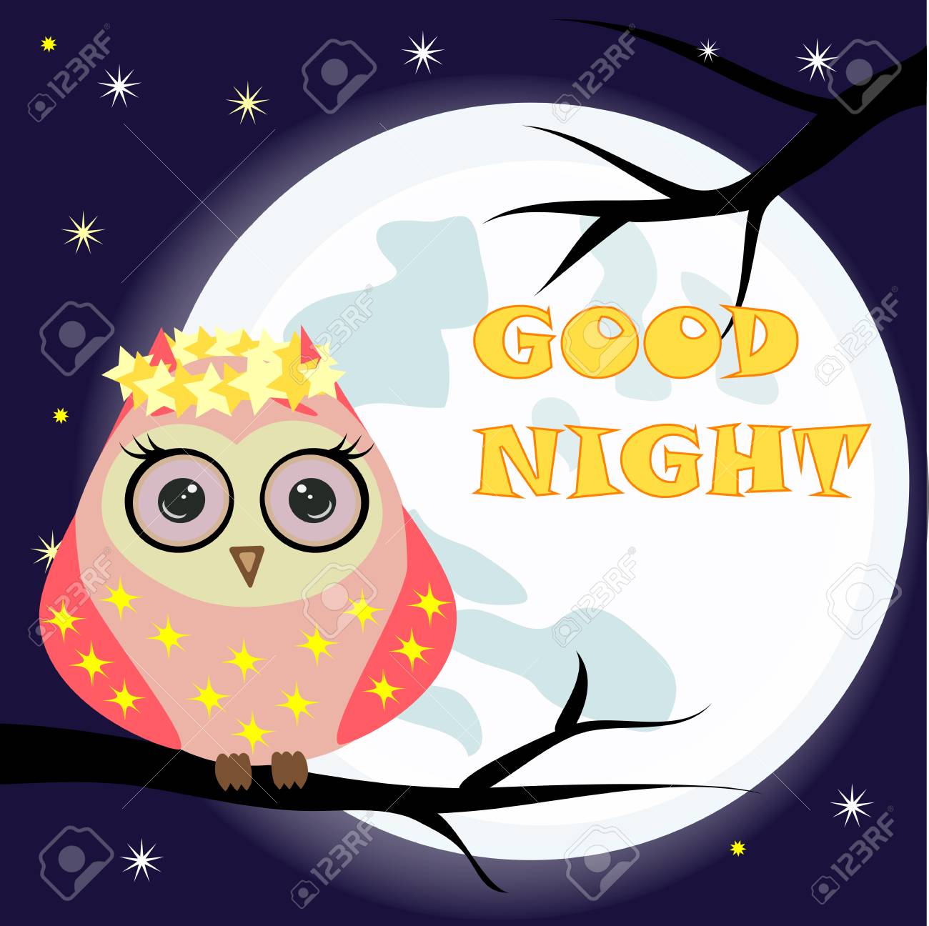 満月とかわいいフクロウとおやすみカード のイラスト素材 ベクタ Image