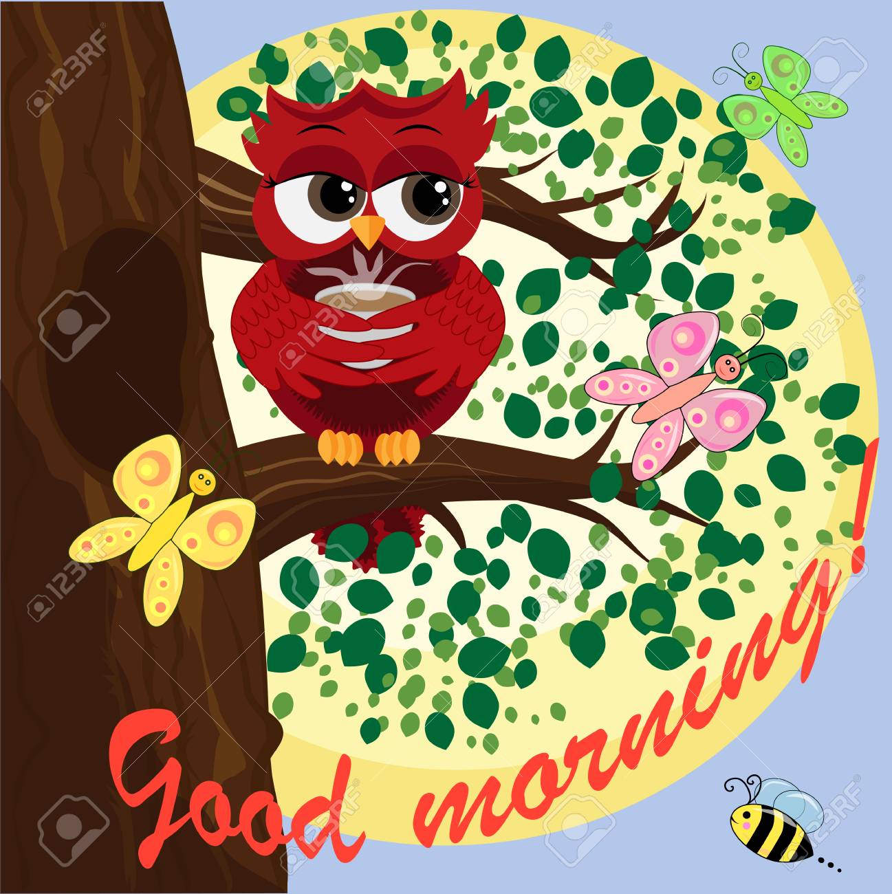 蒸しコーヒー 紅茶やチョコレートのカップと木の上にかわいい美しいいちゃフクロウ 碑文 おはようベクトルイラスト のイラスト素材 ベクタ Image