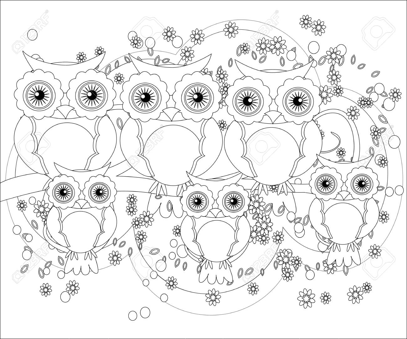 Coloring Page With Cute Owl And Flowers, Outline Drawing. Royalty - Coloring Page With Cute Owl And Flowers, Outline Drawing. Royalty