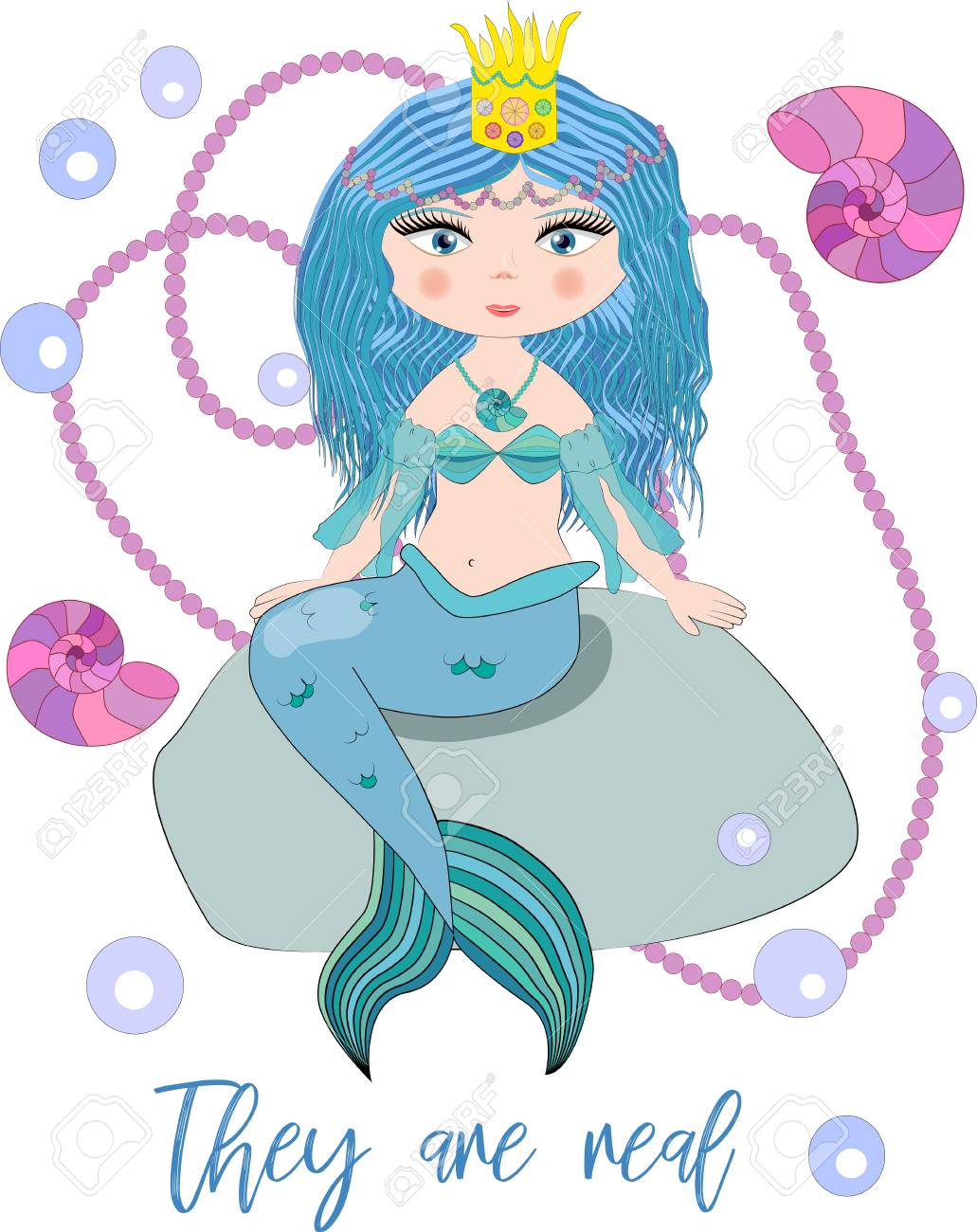 美しい小さな人魚が岩の上に座っている 白い背景に海のテーマベクトルのイラスト 碑文 彼らは本物です のイラスト素材 ベクタ Image