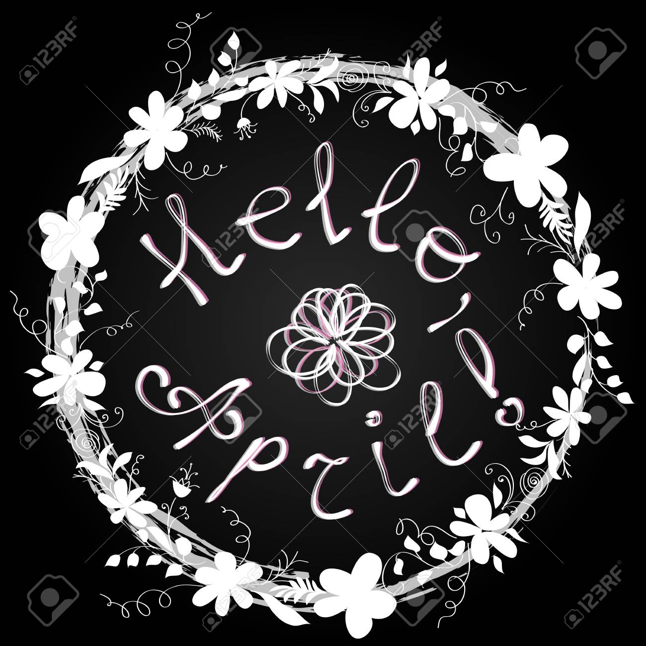 こんにちは4月のグリーティングカード 花輪とレタリング のイラスト素材 ベクタ Image